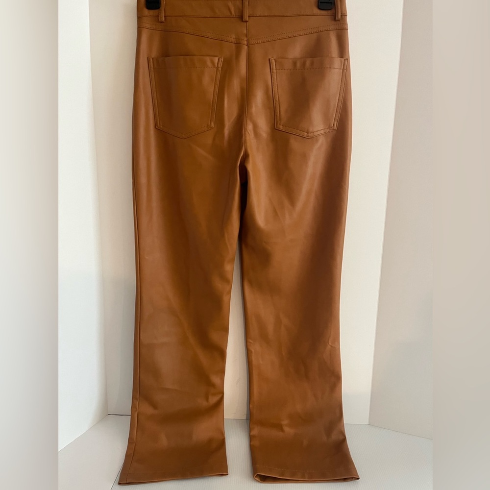 7 For All Mankind Faux Leather Straight Leg High Waist Pant - Size M color Camel - Picture 6 of 14